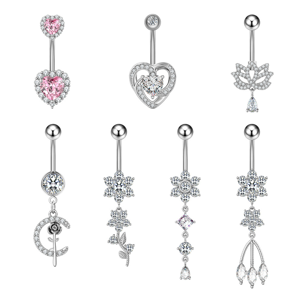 Chic Hypoallergenic Heart Flower Zircon Long Pendant Belly Button Ring Women Body Piercing Belly Ring Casual Jewelry Gift 216045336204