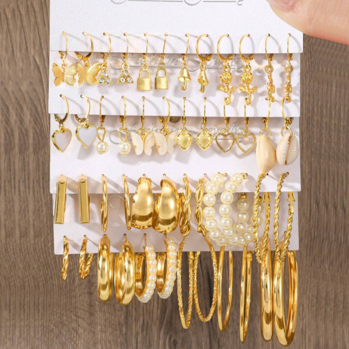 Heart Pearl Dangle Earrings Set Butterfly Locks Earrings for Women Trendy Jewelry Hoop Earrings 2024