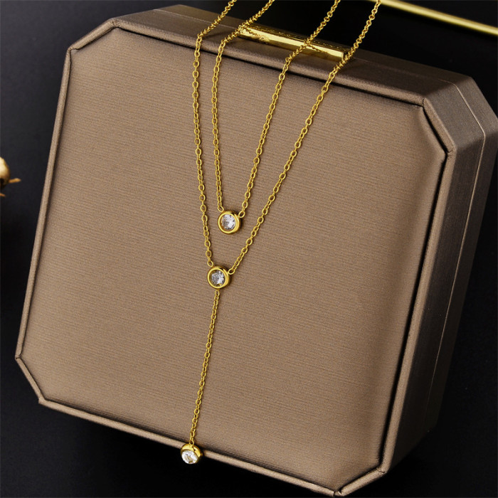 Elegant Double Layer Zircon Pendant Necklace Titanium Steel Jewelry for Women Stylish Trendy Party Festival Casual Jewelry Gift