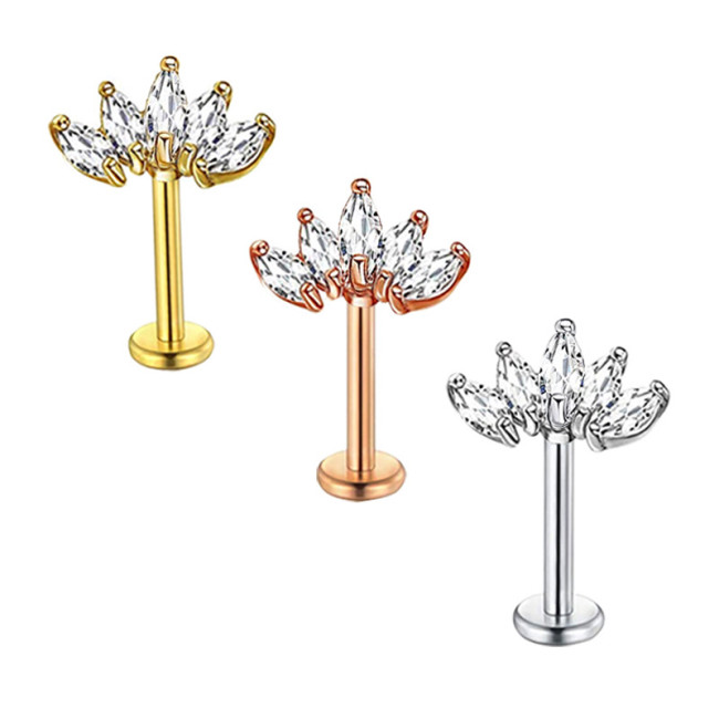 Chic Lotus CZ Flower Flat Back Stud Tragus Helix Cartilage Conch Earring Piercing Casual jewelry Gift