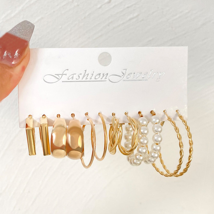 Golden Hoop Earrings Set with Imitation Pearl Decor Sexy Simple Style Alloy Jewelry Delicate Female Gift