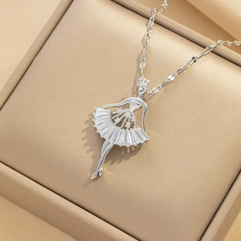 Elegant Stainless Steel Microzircon Ballet Girl Pendant Necklace Trendy Party Festival Casual jewelry Gift