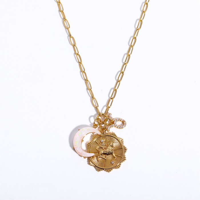 Elegant 18K Gold Plated Stainless Steel 12 Constellations Pendant Opal Moon Necklace