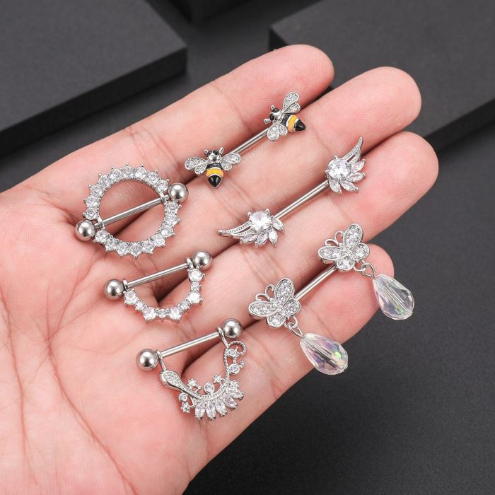 Chic Hypoallerge Bee Goldfish Nipple Piercings Rings Steel Crystal Nipple Shield Cover Heart Flower Tongue Body Jewelry