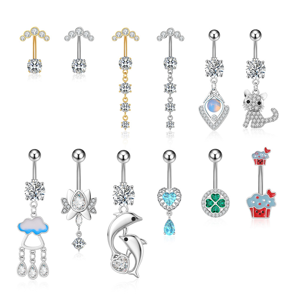 Chic Hypoallergenic Crystal Belly Button Rings Cat Dolphin Flower Heart Belly Ring For Women Dangled Navel Piercing Jewelry 216045337188