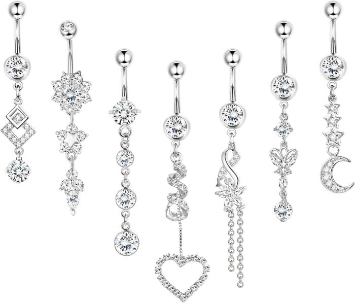 Chic Hypoallergenic Dangled Navel Ring Piercing Flower Heart Crystal Belly Button Ring for Women Casual Jewelry Gift