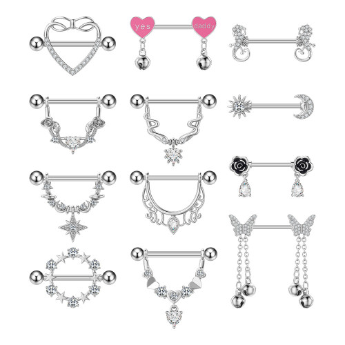 Chic Hypoallergenic Stainless Steel Pink Nipple Piercing Jewelry Heart Wings Niplple Barbell Nipple Rings Body Piercing Jewelry