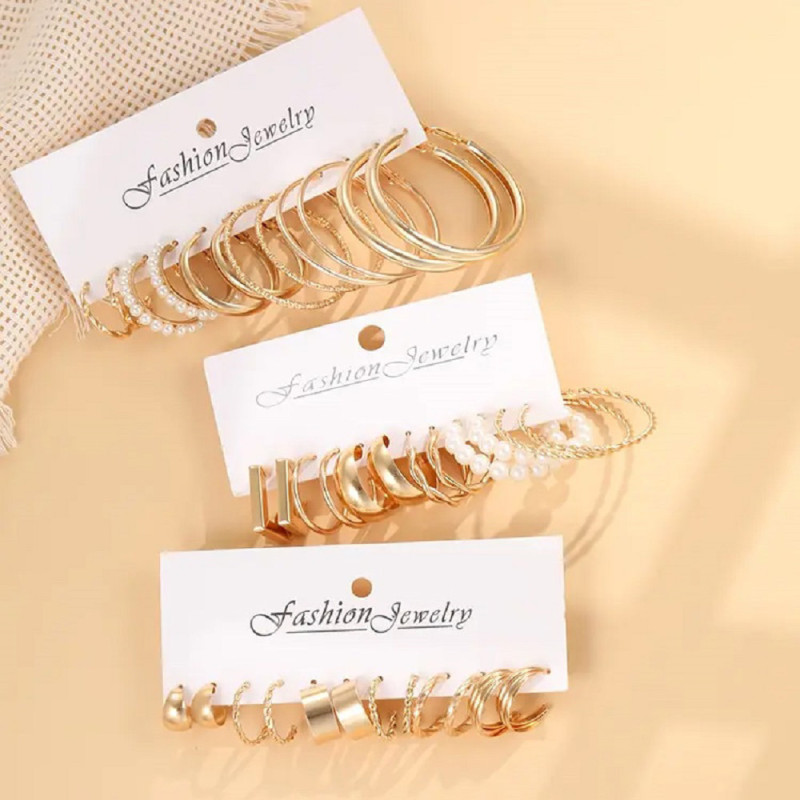 Golden Hoop Earrings Set with Imitation Pearl Decor Sexy Simple Style Alloy Jewelry Delicate Female Gift