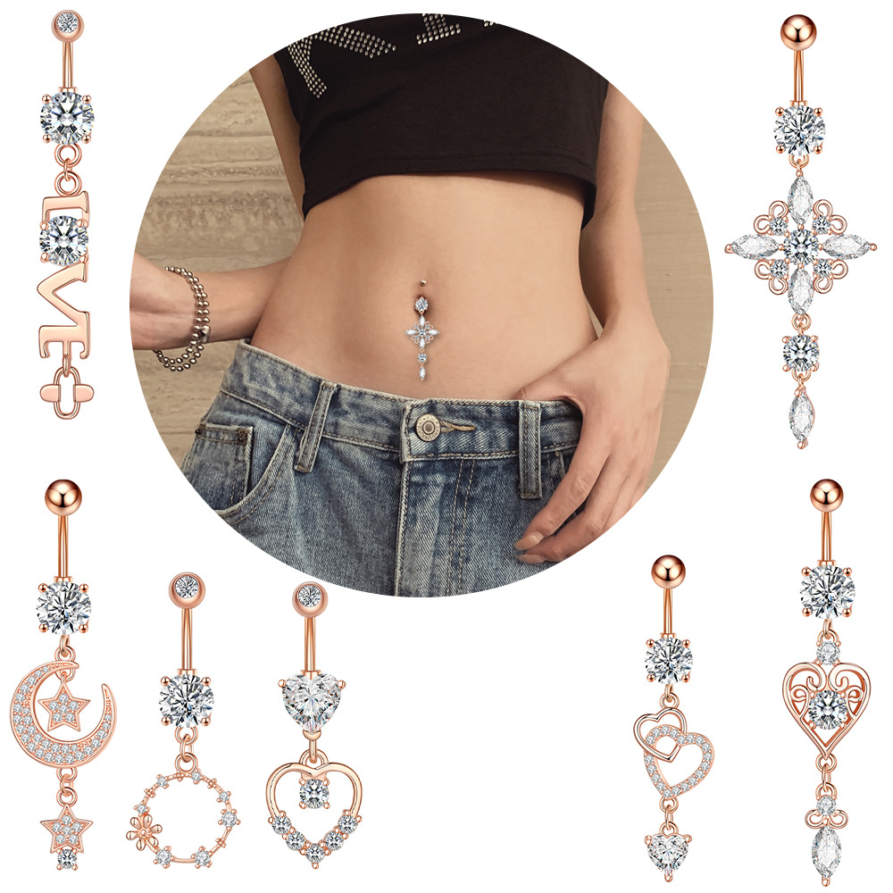 Chic Crystal Belly Button Rings Moon Heart Belly Ring For Women Stainless Steel Dangled Navel Piercing Jewelry 216045340878