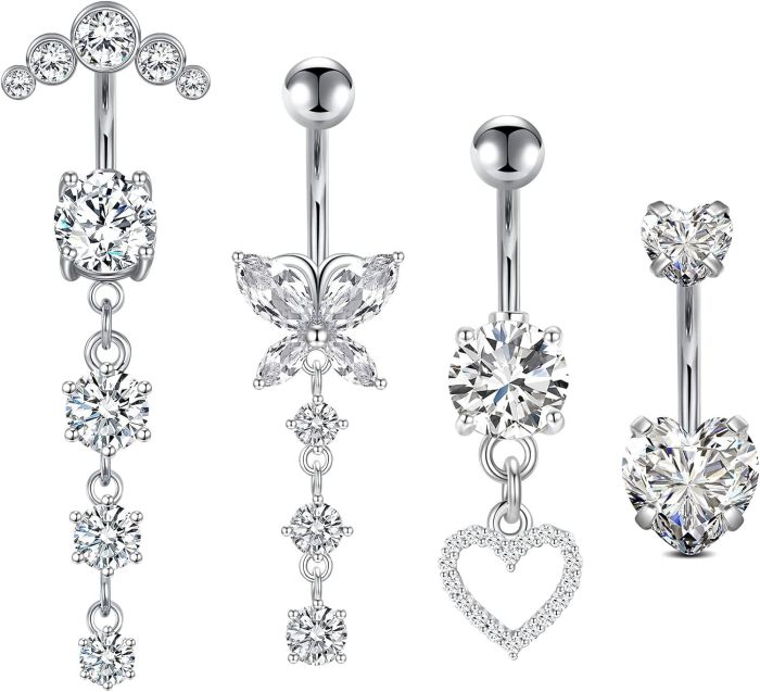 Chic Hypoallergenic Dangled Navel Ring Piercing Flower Heart Crystal Belly Button Ring for Women Casual Jewelry Gift