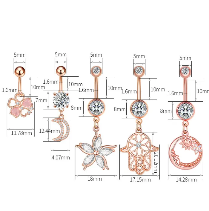 Chic Hypoallerg Stainless Steel Belly Button Rings for Women Girls Moon Flower Navel Ring CZ Body Piercing Jewelry