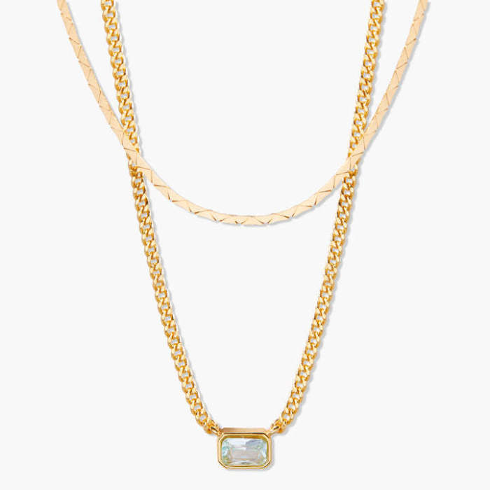 Dainty Elegant 18K Gold Plated Stainless Steel Birthstone Pendant 2 Layers Necklace for Women Jewelry Gift