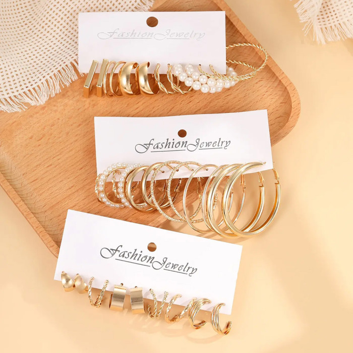 Golden Hoop Earrings Set with Imitation Pearl Decor Sexy Simple Style Alloy Jewelry Delicate Female Gift