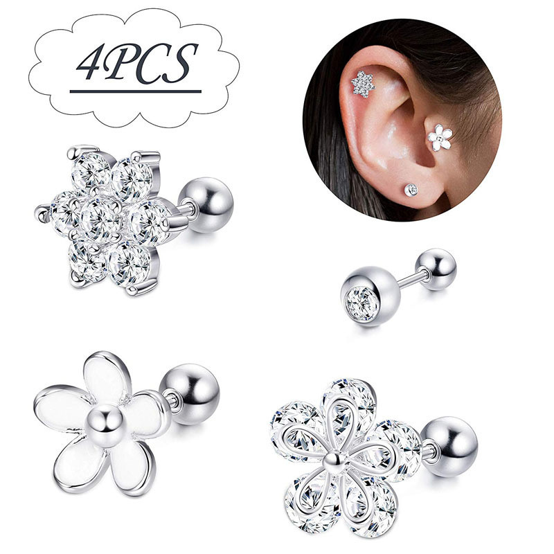 Chic Stainless Steel Cartilage Stud Earrings for Women Opal Star Flower Studs Ear Piercing Jewelry