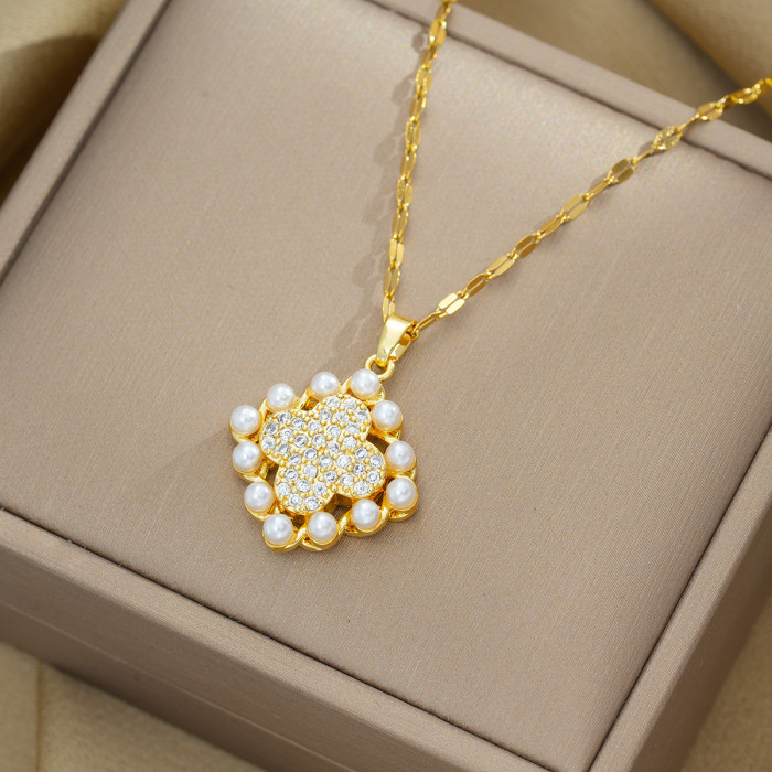 Elegant Four-leaf Clover Necklace with Pearl Square Pendant Necklace for Women Jewelry Gift