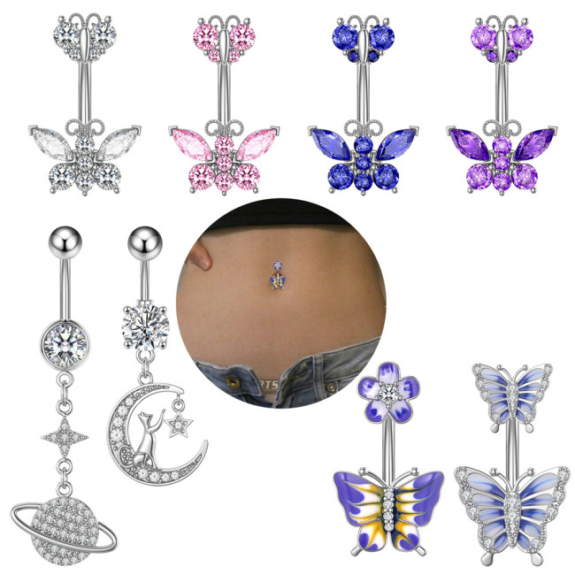 Chic Hypoallergenic Crystal Zircon Butterfly Dangle Belly Button Ring Steel Bar Navel Piercing Jewelry Women Body Accessories