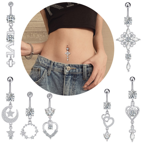Chic Crystal Belly Button Rings Moon Heart Belly Ring for Women Stainless Steel Dangled Navel Piercing Jewelry