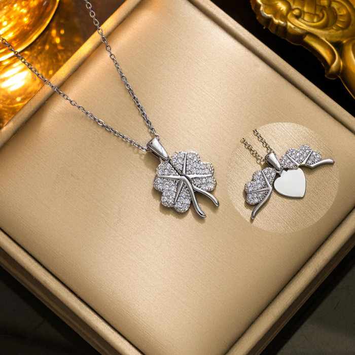 Chic Elegant Stainless Steel Openable Lucky Grass Pendant Necklace Trendy Casual Jewelry Gift