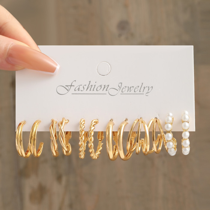 Golden Hoop Earrings Set with Imitation Pearl Decor Sexy Simple Style Alloy Jewelry Delicate Female Gift