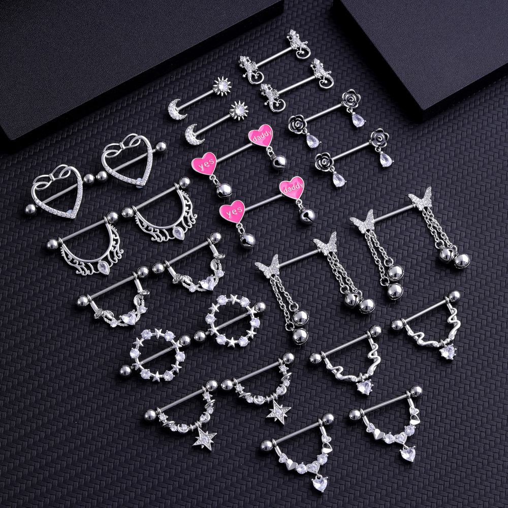 Chic Hypoallergenic Stainless Steel Pink Nipple Piercing Jewelry Heart Wings Niplple Barbell Nipple Rings Body Piercing Jewelry 216045342108