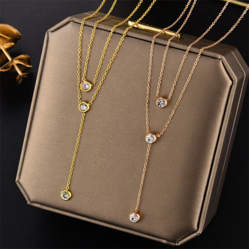 Elegant Double Layer Zircon Pendant Necklace Titanium Steel Jewelry for Women Stylish Trendy Party Festival Casual Jewelry Gift