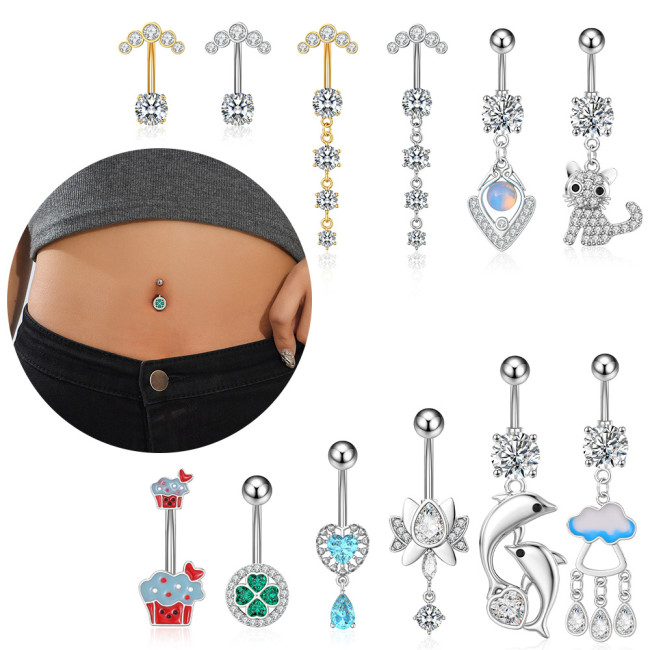 Chic Hypoallergenic Crystal Belly Button Rings Cat Dolphin Flower Heart Belly Ring for Women Dangled Navel Piercing Jewelry