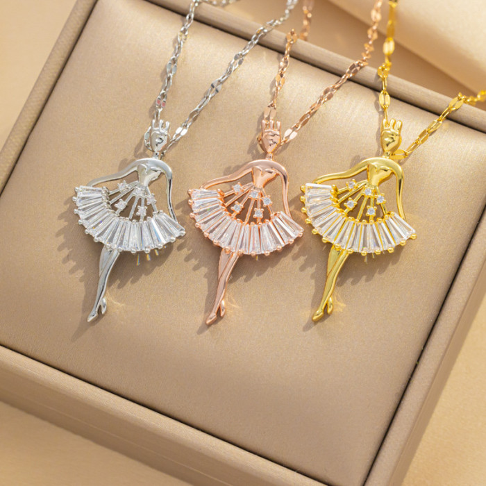 Elegant Stainless Steel Microzircon Ballet Girl Pendant Necklace Trendy Party Festival Casual Jewelry Gift