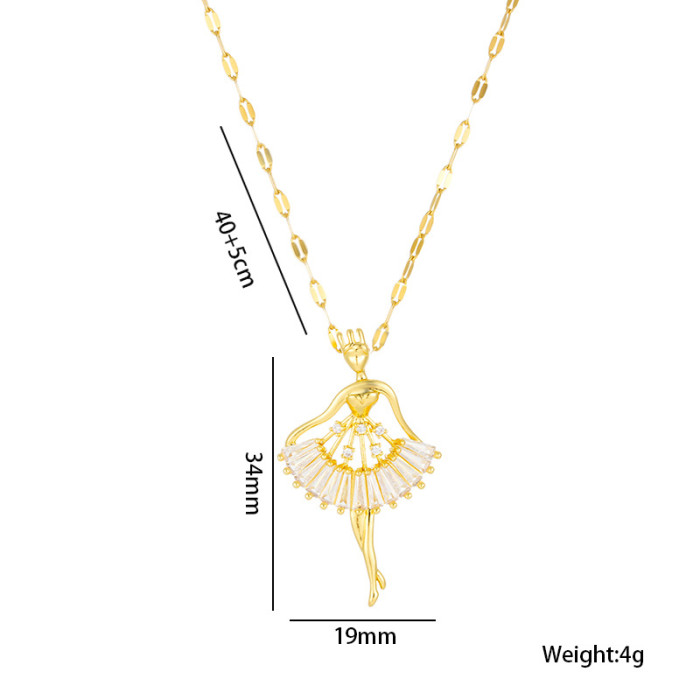 Elegant Stainless Steel Microzircon Ballet Girl Pendant Necklace Trendy Party Festival Casual jewelry Gift