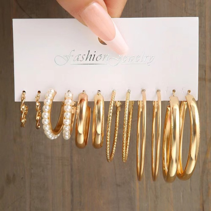 Golden Hoop Earrings Set with Imitation Pearl Decor Sexy Simple Style Alloy Jewelry Delicate Female Gift
