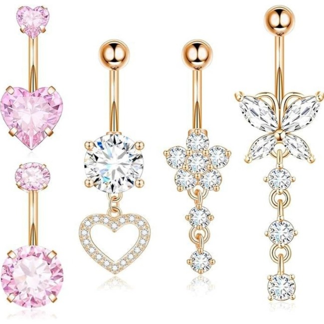 Chic Hypoallergenic Dangled Navel Ring Piercing Flower Heart Crystal Belly Button Ring for Women Casual Jewelry Gift