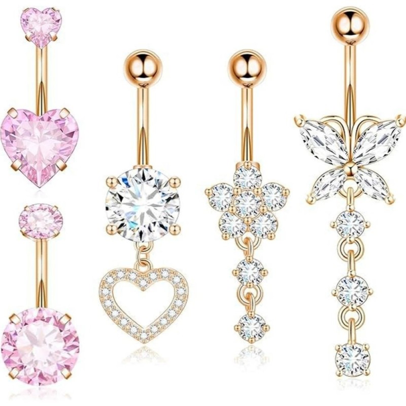 Chic Hypoallergenic Dangled Navel Ring Piercing Flower Heart Crystal Belly Button Ring for Women Casual Jewelry Gift