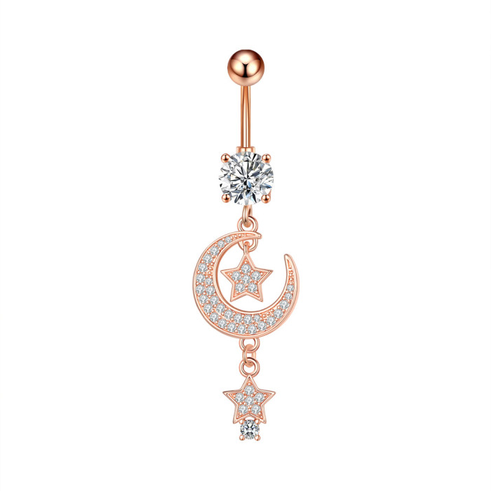 Chic Crystal Belly Button Rings Moon Heart Belly Ring for Women Stainless Steel Dangled Navel Piercing Jewelry