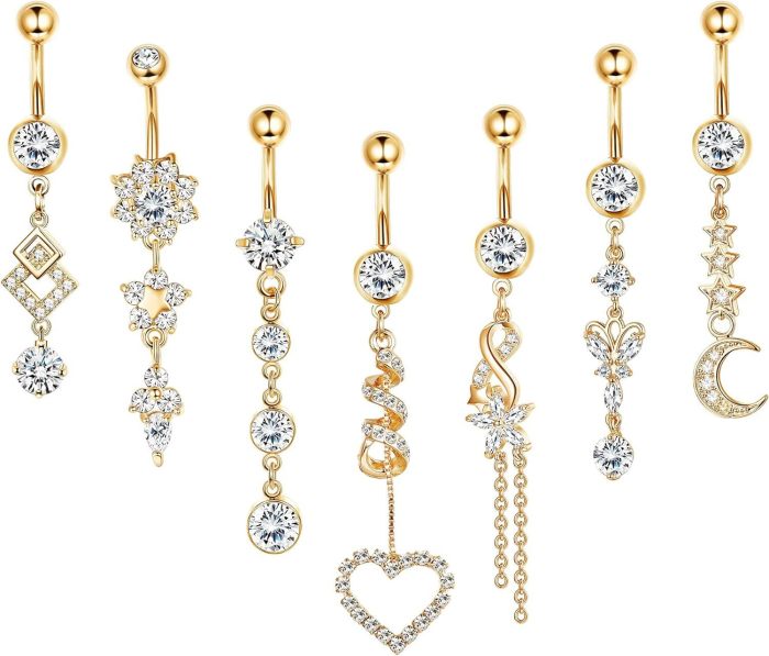 Chic Hypoallergenic Dangled Navel Ring Piercing Flower Heart Crystal Belly Button Ring for Women Casual Jewelry Gift