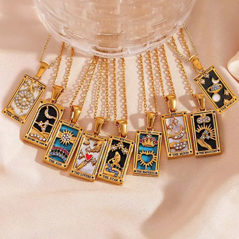Vintage Tarot Necklace Square Pendant Women Party Festival Casual Jewelry Gift