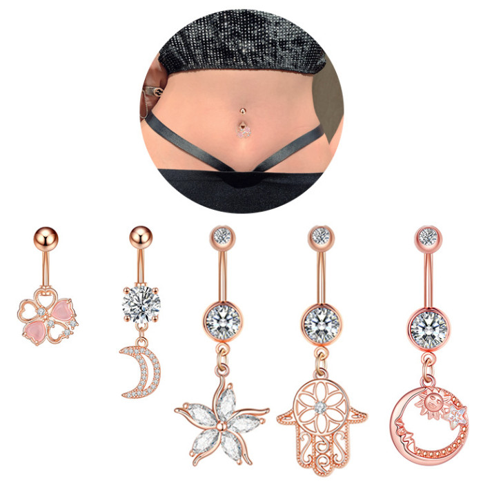 Chic Hypoallerg Stainless Steel Belly Button Rings for Women Girls Moon Flower Navel Ring CZ Body Piercing Jewelry