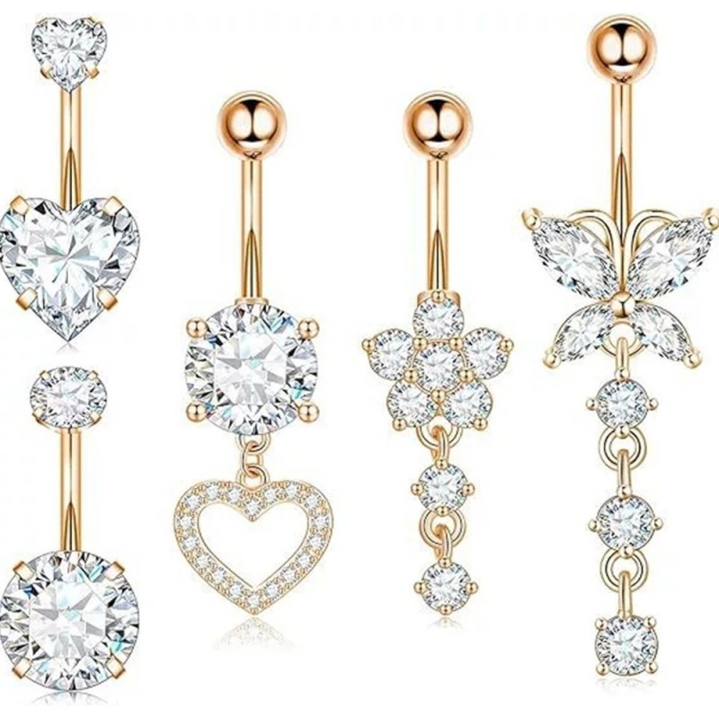 Chic Hypoallergenic Dangled Navel Ring Piercing Flower Heart Crystal Belly Button Ring for Women Casual Jewelry Gift