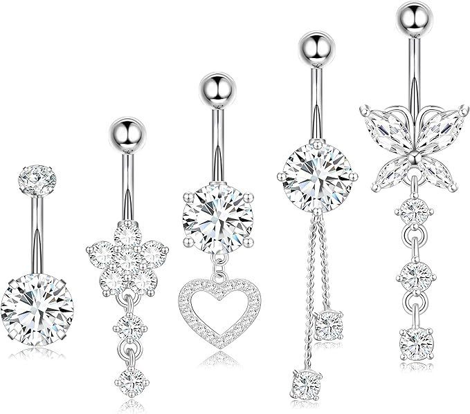 Chic Hypoallergenic Dangled Navel Ring Piercing Flower Heart Crystal Belly Button Ring for Women Casual Jewelry Gift