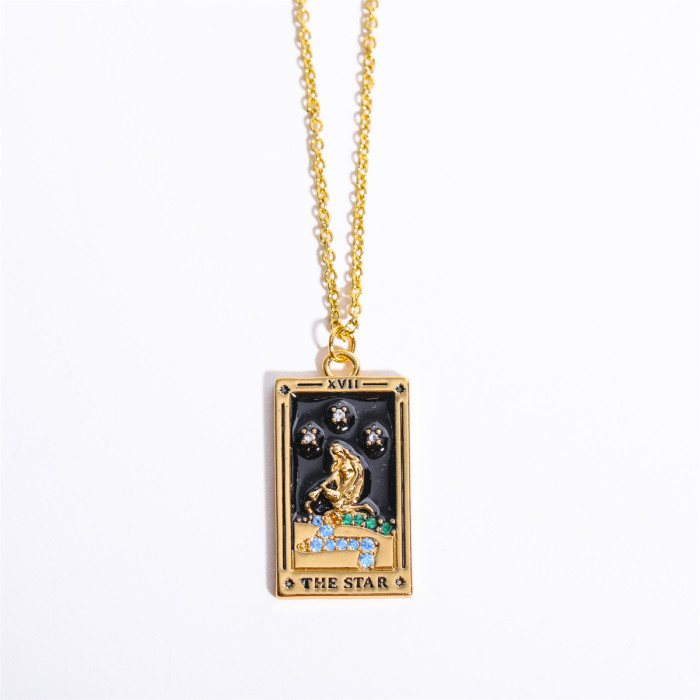 Vintage Tarot Necklace Square Pendant Women Party Festival Casual Jewelry Gift