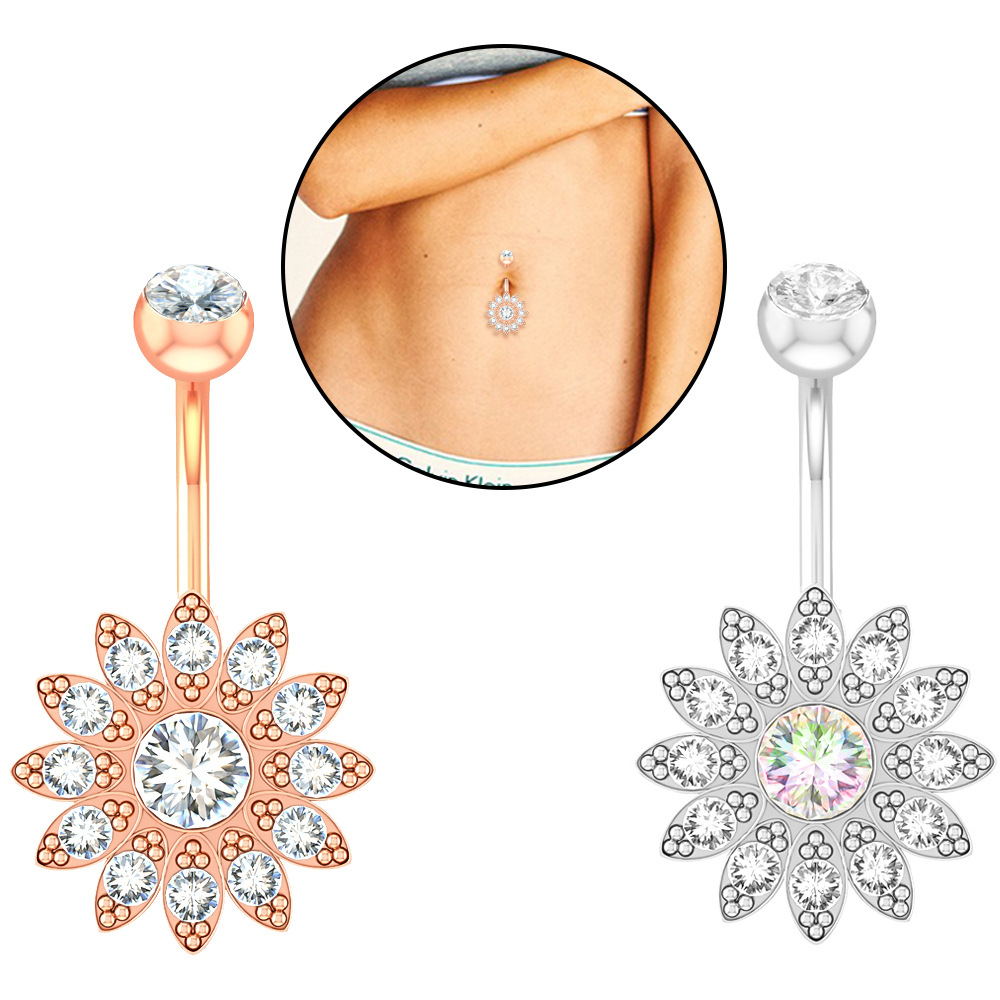 Chic Body Jewelry Zircon Belly Button Rings Crystal Flower Belly Button Piercing Dangling Bar Drop Dangle For Women Girls 216045314187