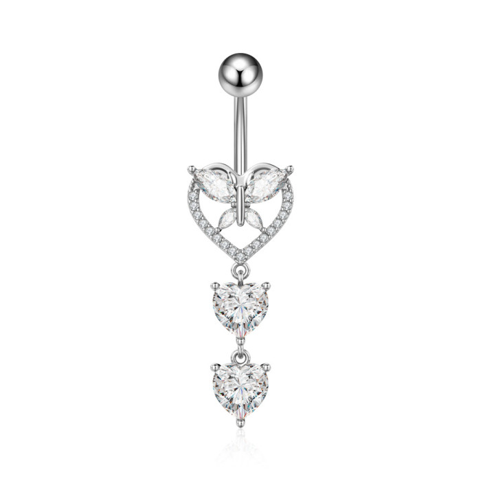 Chic Hypoallergenic Butterfly Dangled Navel Ring Piercing Flower Heart Crystal CZ Belly Button Ring for Women