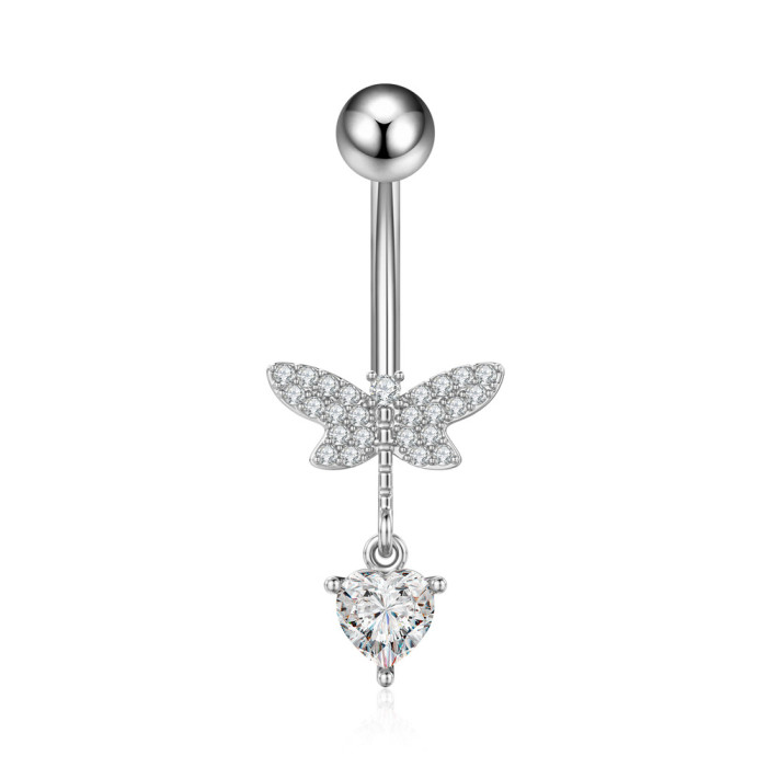Chic Hypoallergenic Butterfly Dangled Navel Ring Piercing Flower Heart Crystal CZ Belly Button Ring for Women
