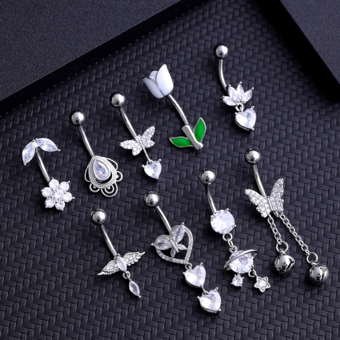 Chic Hypoallergenic Butterfly Dangled Navel Ring Piercing Flower Heart Crystal CZ Belly Button Ring for Women
