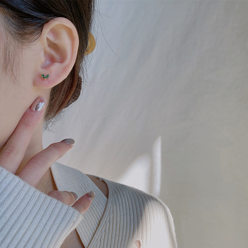 Classic Leaf Piercing Diamond Mini Stud Earrings Women Screw Earrings Trendy Party Festival Casual Jewelry Gift