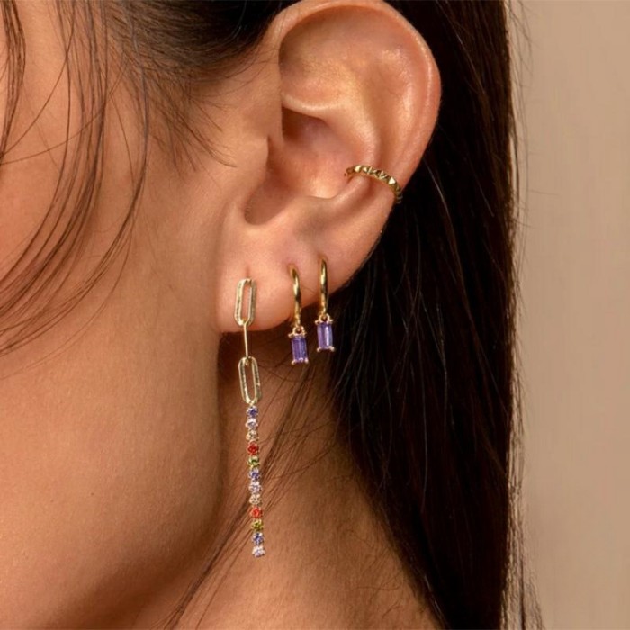Dainty Elegant Geometric Rectangular Zircon Pendant Ear Buckle Earrings for Women Wedding Jewelry Gift