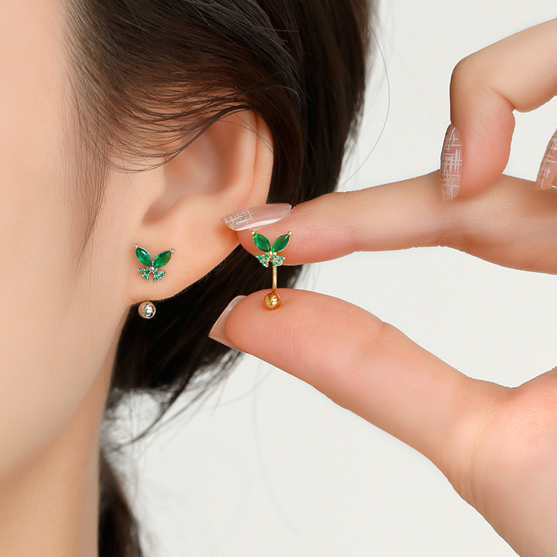 Chic Hypoallergenic Korean Green Zircon Butterfly Hoop Earrings for Women Trendy Earring Piercing Jewelry