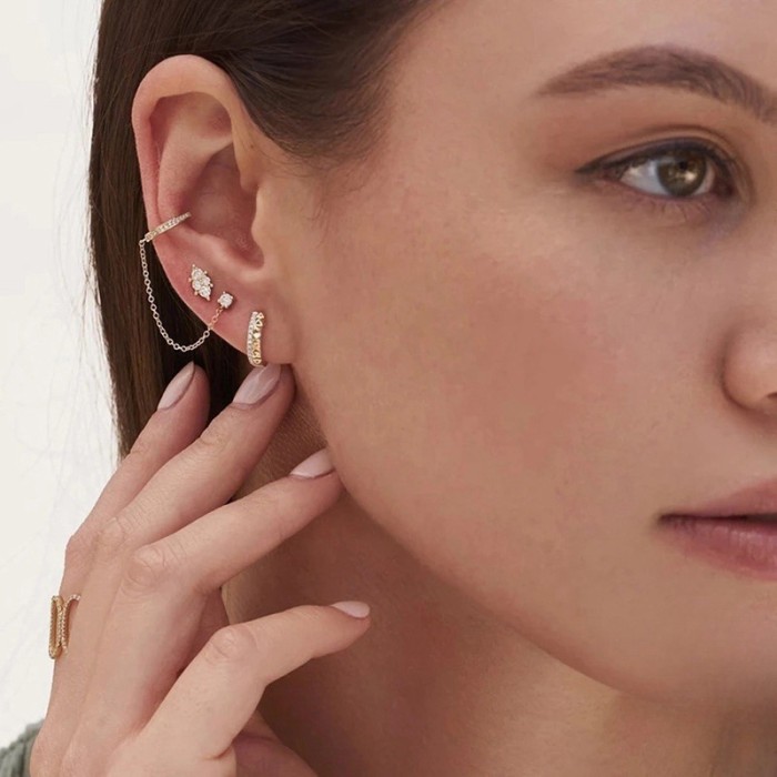 Chic Hypoallergenic Hole Link Chain Clip Earring for Women Gold Color Cubic Zircon Earring Festival Casual Jewelry Gift