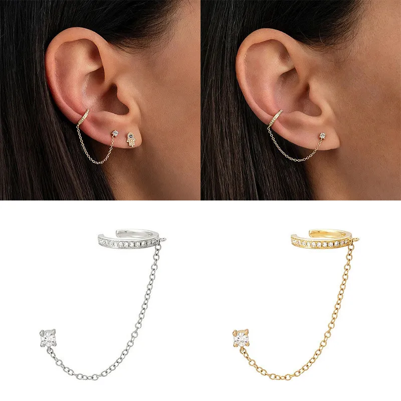 Chic Hypoallergenic Hole Link Chain Clip Earring for Women Gold Color Cubic Zircon Earring Festival Casual Jewelry Gift