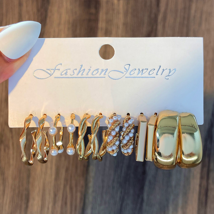 Vintage Hoop Pearl Earrings Set for Women Geometric Metal Twist Earring Fashion Jewelry Gifts 2024