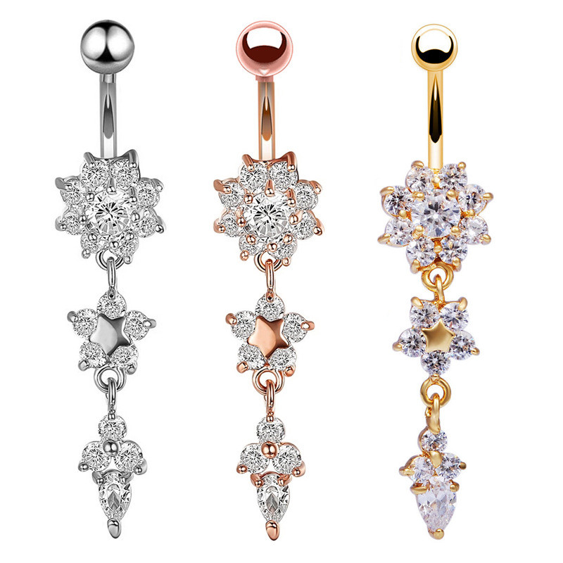 Hypoallergenic Gold Color Stainless Steel Belly Button Ring Long Dangled Flower CZ Crystal Navel Belly Piercing Rings for Women