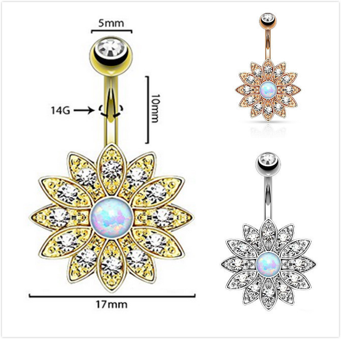 Chic Hypoallergenic Belly Button Nail Threaded Sunflower with Zirconia Belly Button Ring Titanium Body Piercing Jewelry